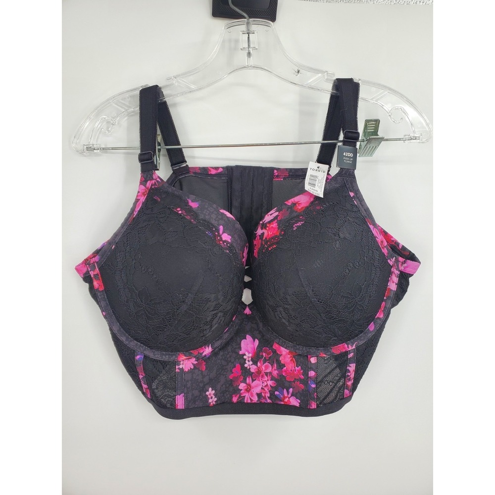 Torrid Curve Longline Black Floral Lace Corset Balconette Bra 42DD Underwire New